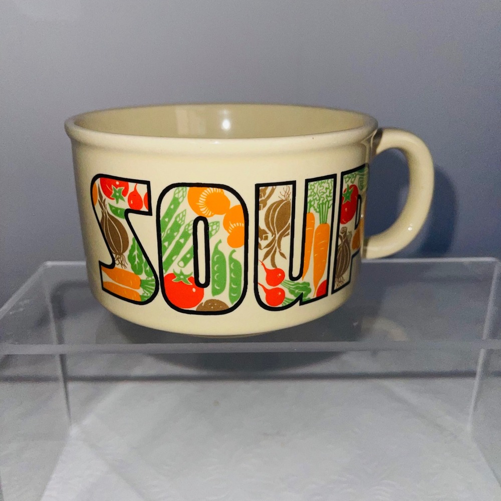 Vintage Ceramic Soup Mug Vegetable Graphic Cream Stoneware Large Handle Bowl